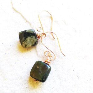 Minimalist Green Jasper Square Dangle Earrings ~ Gorgeous Hand Hammered EarWires